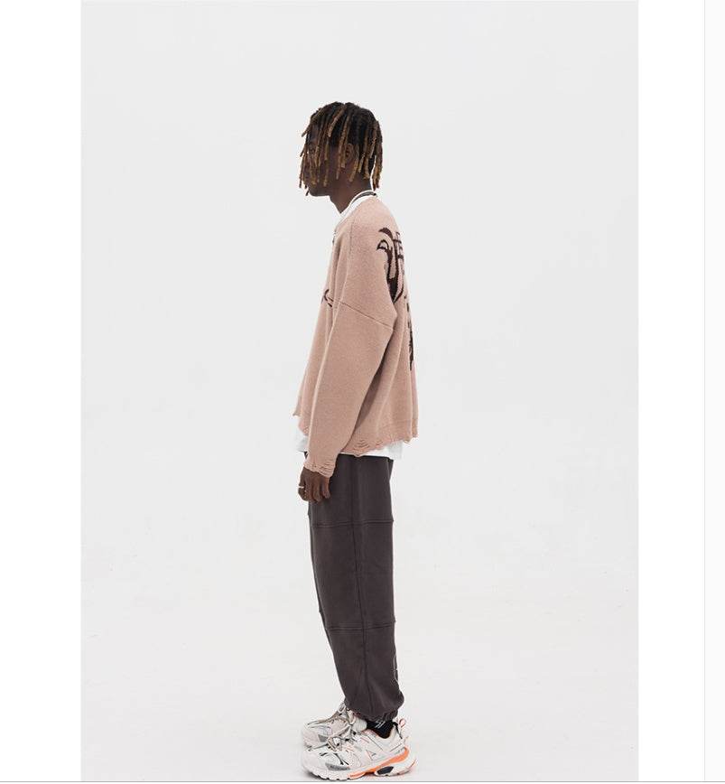 Camel round neck ruined long-sleeved sweater for men MuddyStock