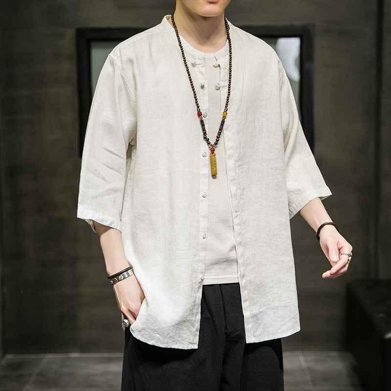Spring And Summer Linen Quarter Sleeve Shirt Men's Antique Xianqi Large Tang Hanfu Cotton Linen Shirt Coat White