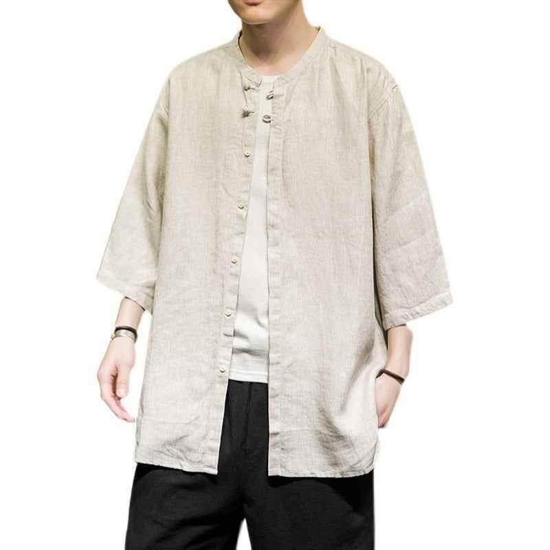 Spring And Summer Linen Quarter Sleeve Shirt Men's Antique Xianqi Large Tang Hanfu Cotton Linen Shirt Coat MuddyStock