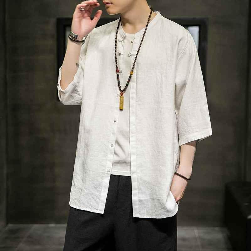 Spring And Summer Linen Quarter Sleeve Shirt Men's Antique Xianqi Large Tang Hanfu Cotton Linen Shirt Coat MuddyStock