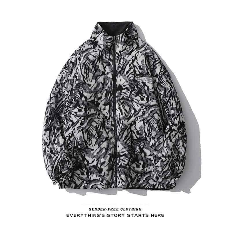 Double-Sided Wear Zebra Pattern Woolen Jacket For Men And Women White