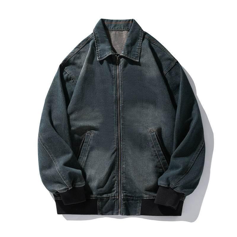 Retro Worn Looking Washed-out Denim Jacket For Men Dark Blue