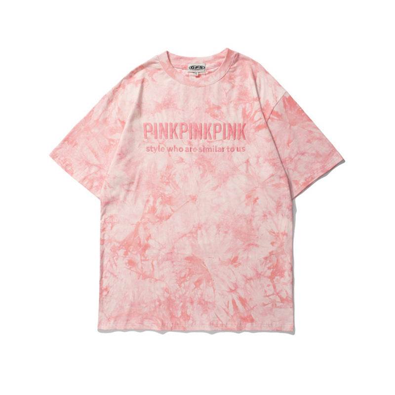 Short-Sleeved Loose Street Tie-Dye T-Shirt For Men And Women Pink MuddyStock