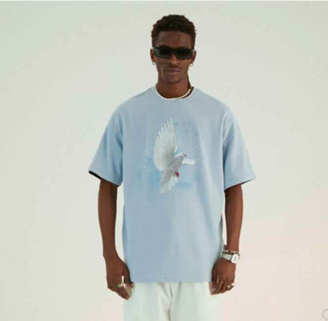 Light Blue Star Light White Pigeon Print T-Shirt For Men MuddyStock