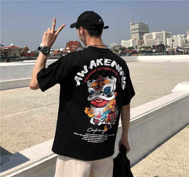 Short Sleeve T-shirt Men''s Fashion Student Loose Harajuku Style Medium Sleeve Black MuddyStock