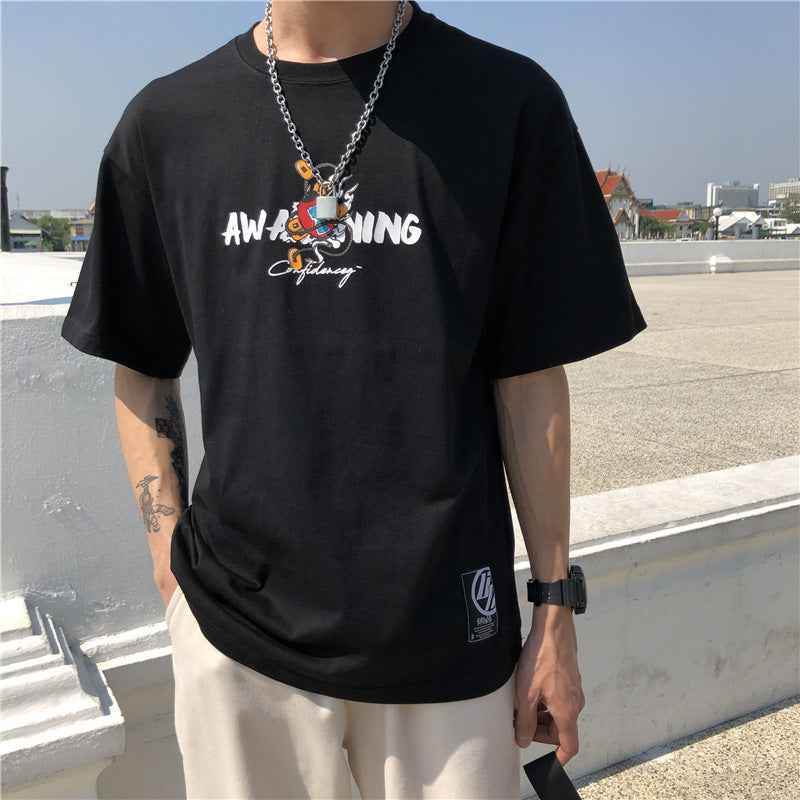 Short Sleeve T-shirt Men''s Fashion Student Loose Harajuku Style Medium Sleeve MuddyStock
