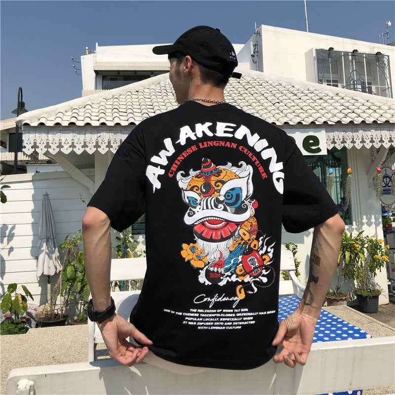 Short Sleeve T-shirt Men''s Fashion Student Loose Harajuku Style Medium Sleeve MuddyStock