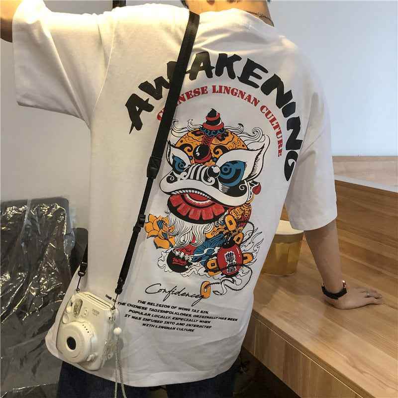 Short Sleeve T-shirt Men''s Fashion Student Loose Harajuku Style Medium Sleeve MuddyStock
