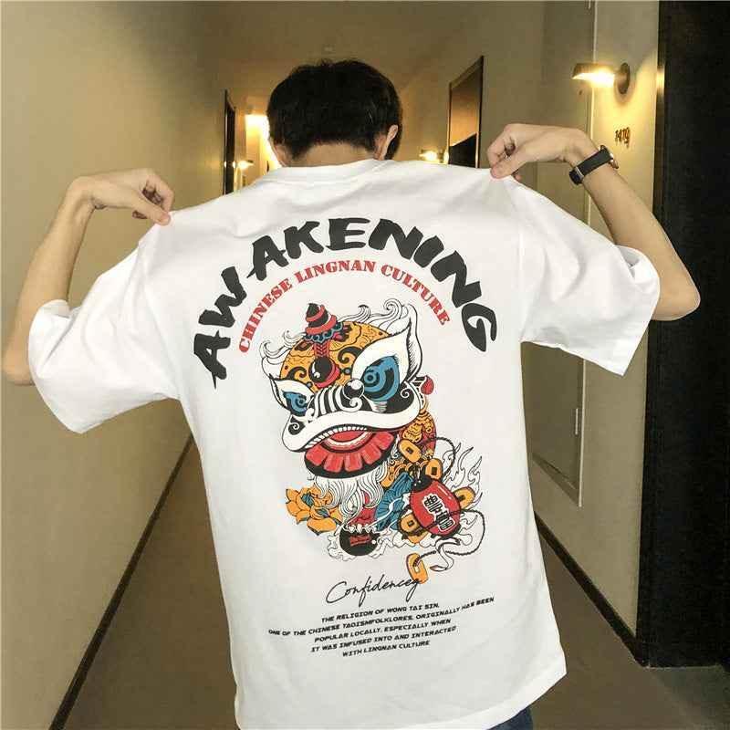 Short Sleeve T-shirt Men''s Fashion Student Loose Harajuku Style Medium Sleeve White