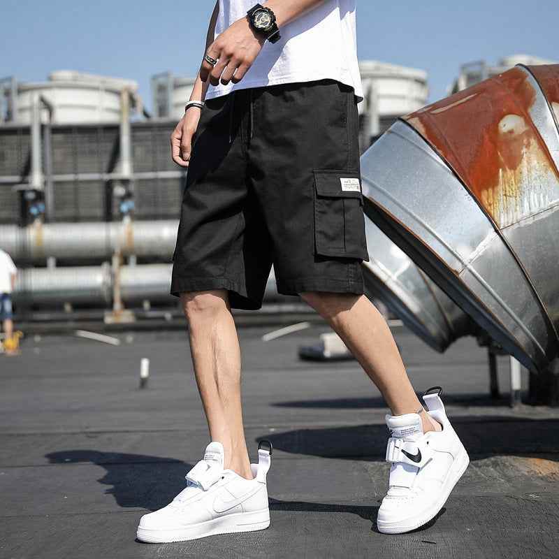 Summer Straight Five-Point Overalls With Drawstring Multi-Pocket Black MuddyStock