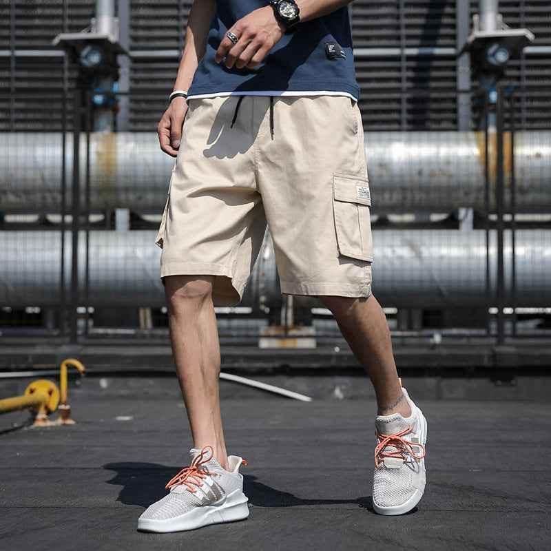 Summer Straight Five-Point Overalls With Drawstring Multi-Pocket Khaki