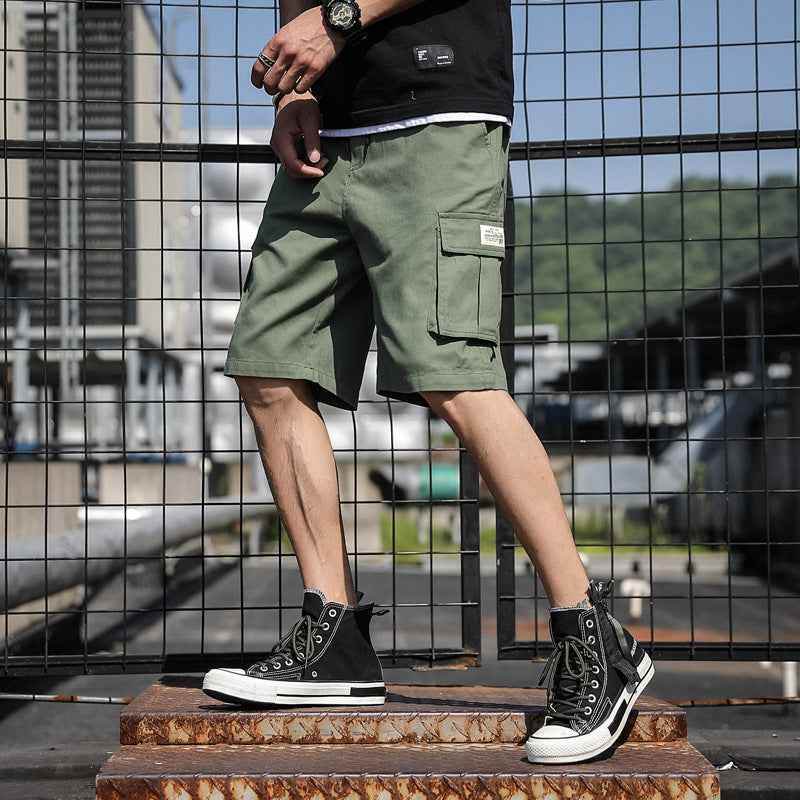 Summer Straight Five-Point Overalls With Drawstring Multi-Pocket Army Green MuddyStock