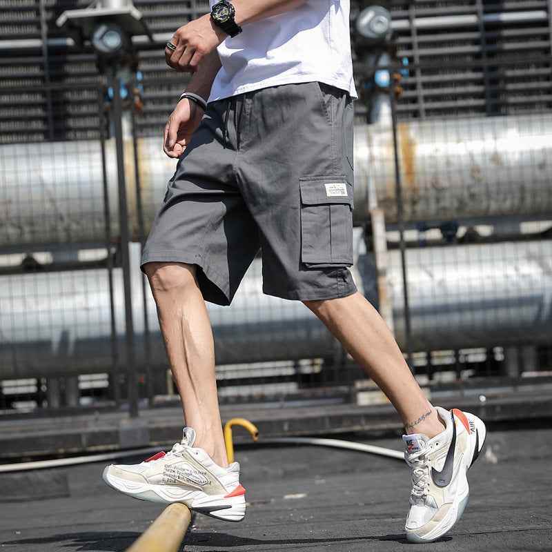 Summer Straight Five-Point Overalls With Drawstring Multi-Pocket Grey MuddyStock