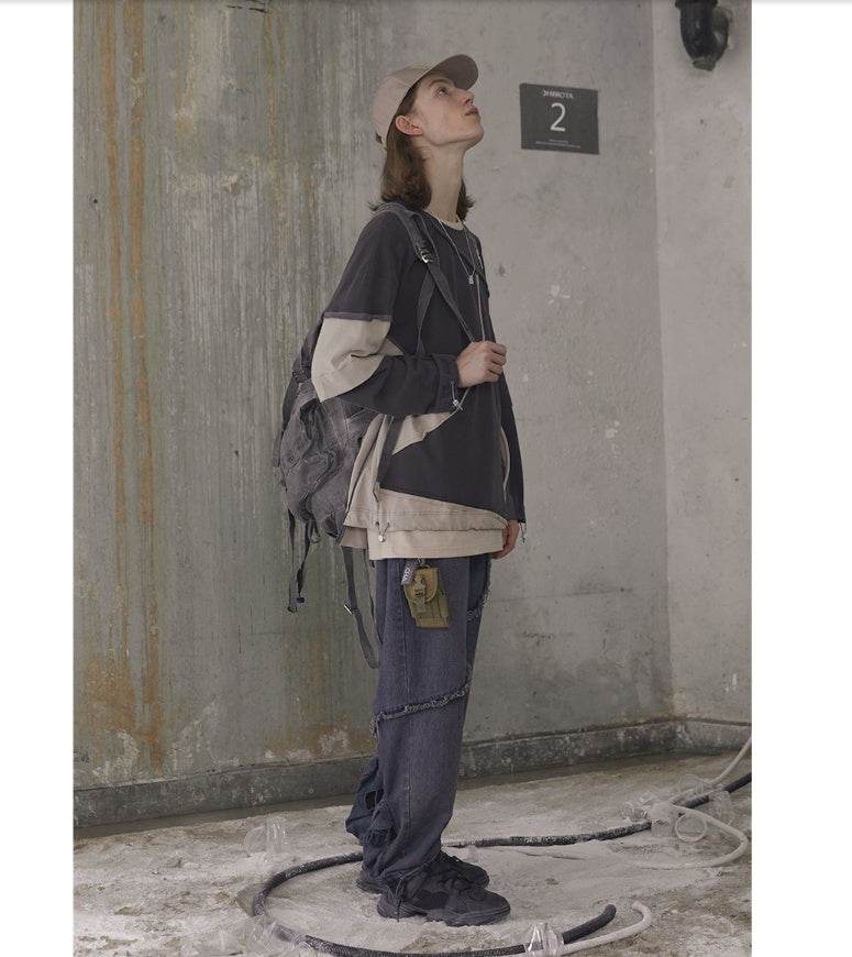 Contrasting color long-sleeve hooded sweatshirt For Men Grey MuddyStock