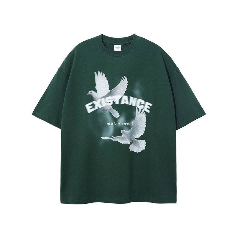 Dove Printed Casual Loose Fitting T-shirt For Men Green MuddyStock