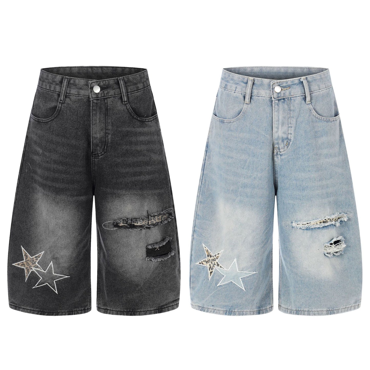 Distressed Leopard Print Star Denim Crop Pants, Loose Wide Leg Washed Casual Mid-Length Shorts