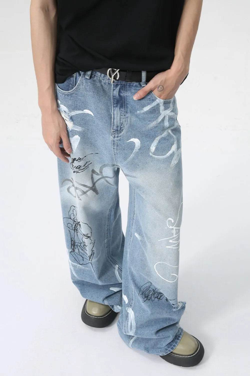 Mid Rise Graffiti Print Distressed Wide Leg Jeans For Both Men And Women | MuddyStock Originals MuddyStock
