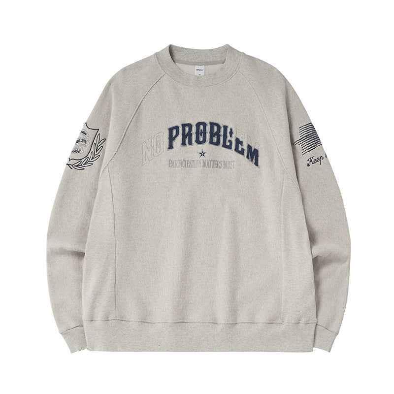Men's Retro Embroidered Crew Neck Sweater Flower Gray