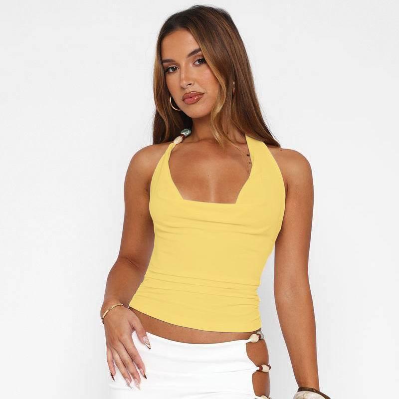 Pure Color Halter Lace-up Vest T-shirt Top Yellow