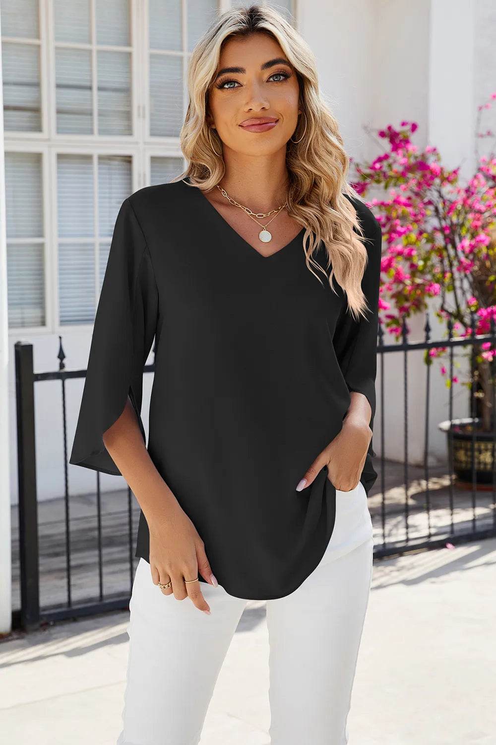 Solid color V-neck mid sleeved loose chiffon women's top | MuddyStock Originals Black MuddyStock