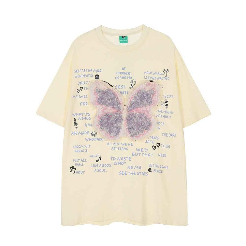 Butterfly Patch Casual Short-sleeved T-shirt For Women Yellow