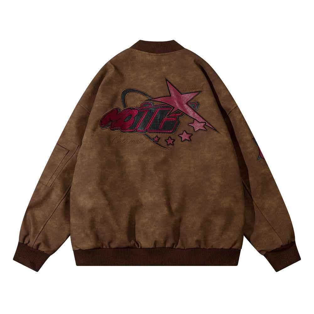 American Street Letters Embroidered PU Leather Jacket For Men Brown