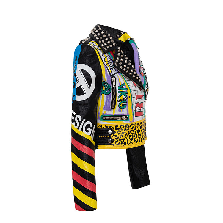 Women's Leather Print Contrast Cropped Jacket For Women