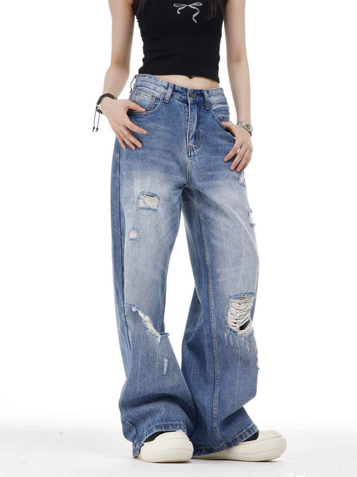 Women's Ripped Washed Blue Jeans MuddyStock