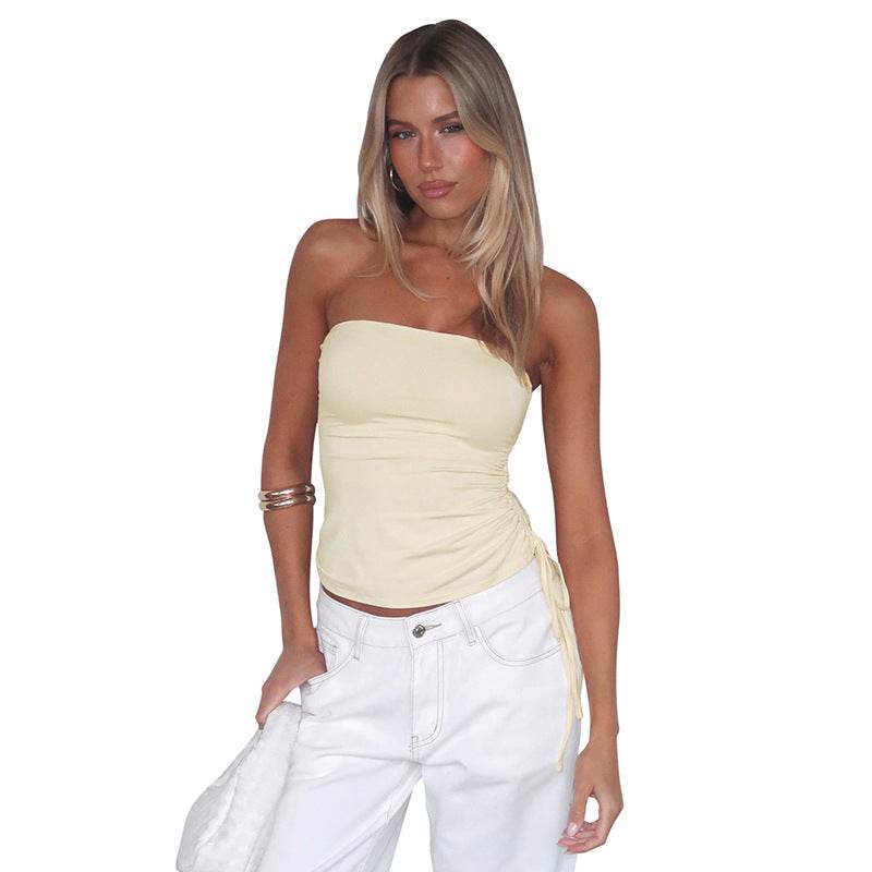 European And American Pure Color Tube-top Slim Fit Drawstring Pleated Simple T-shirt Top For Women MuddyStock