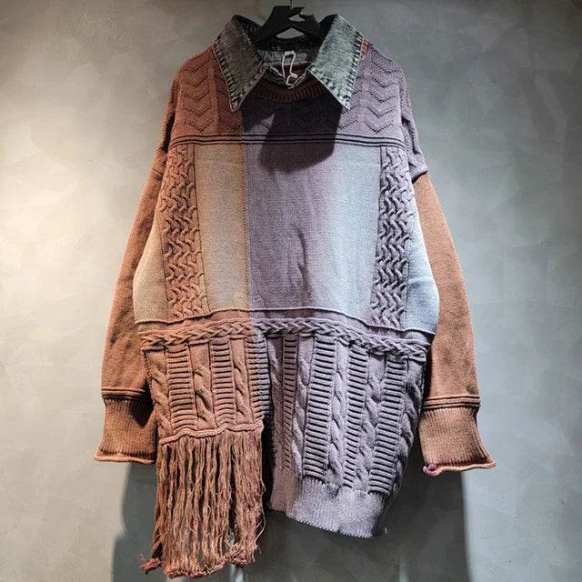 Women's Tassel Splicing Knitted Sweater Loose Top | MuddyStock Originals Purple+Coffee One Size MuddyStock