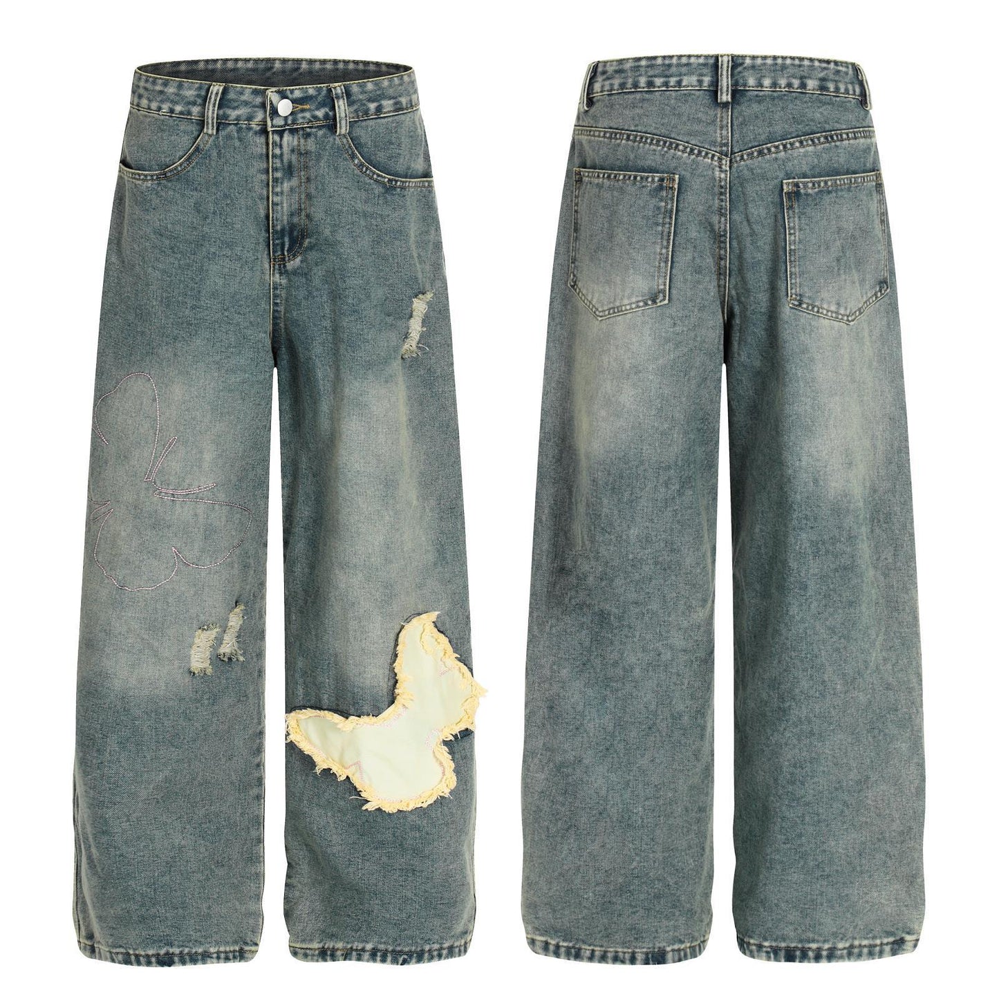 Loose Fit Denim Pants with Patchwork Decoration For Women | MuddyStock Originals