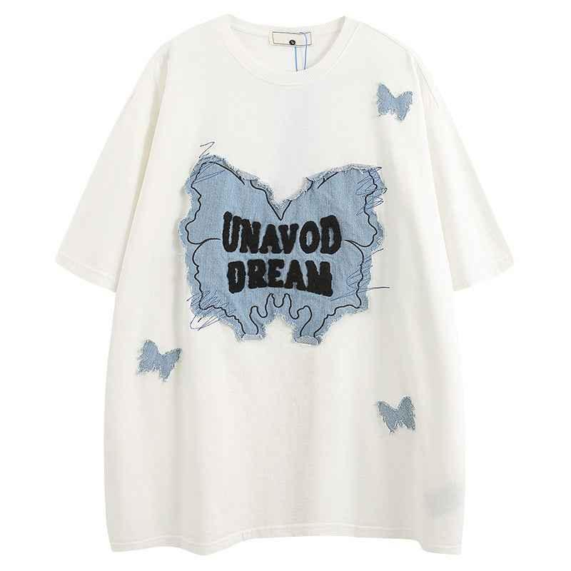 Denim Patch Decorative Short Sleeve T-Shirt For Women | MuddyStock Originals White