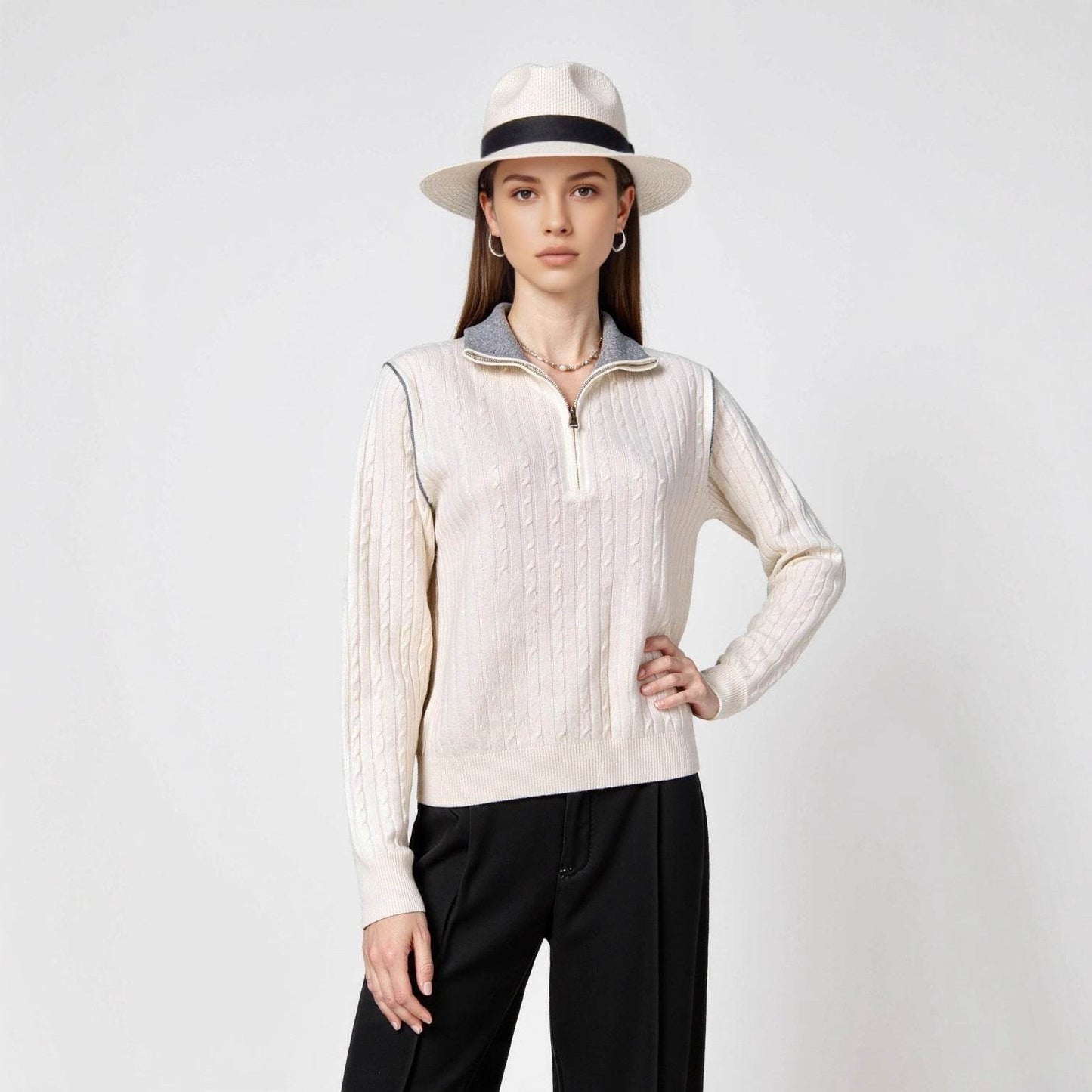 Half-Zip Turn-Down Collar Wool Sweater For Women | MuddyStock Originals MuddyStock