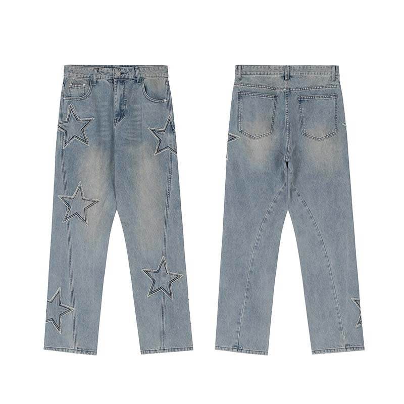 Street Trend Patch Pentagram Cat Whisker Embroidered Jeans Women MuddyStock