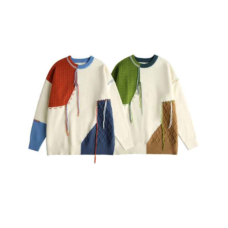 Color blocking patchwork tassel round neck knitted sweater for men and women | MuddyStock Originals MuddyStock