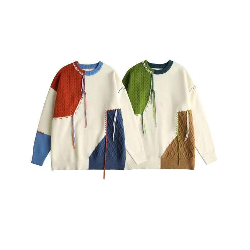Color blocking patchwork tassel round neck knitted sweater for men and women | MuddyStock Originals