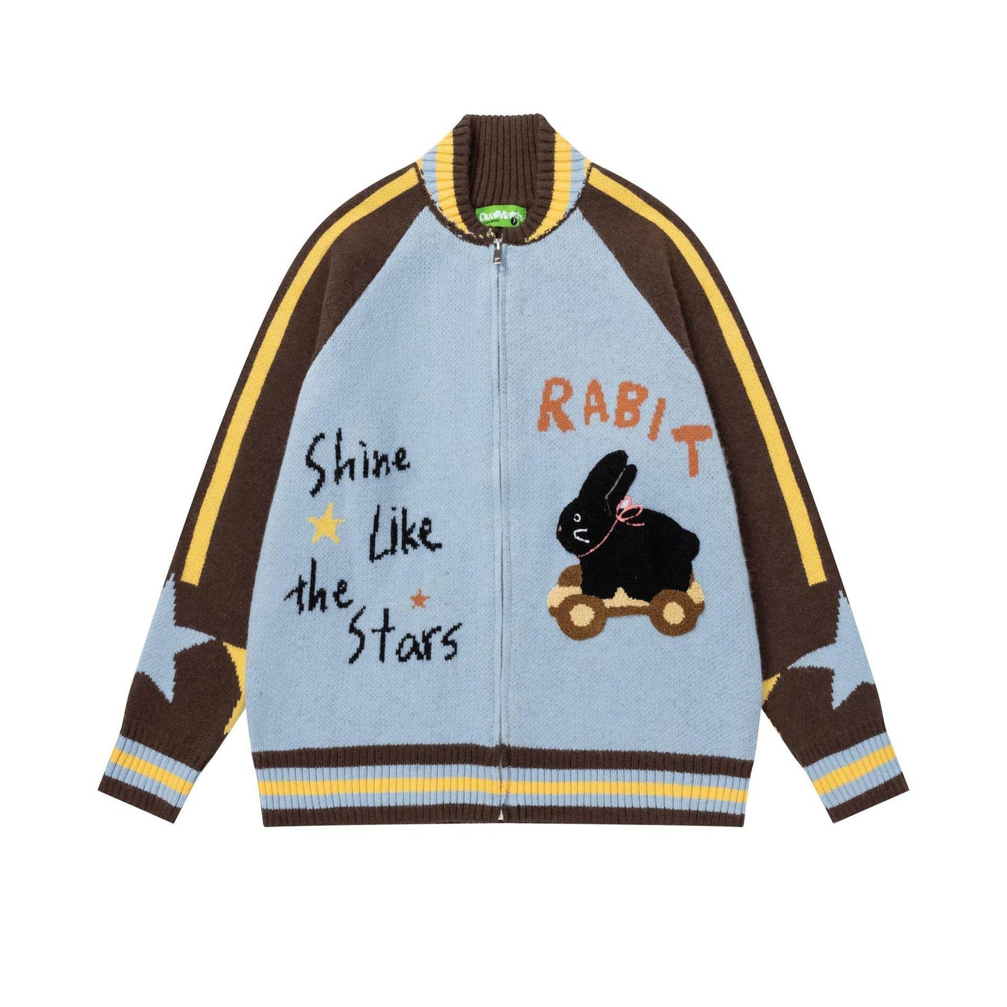 Retro cartoon rabbit letter jacquard knitted loose jacket for men and women | MuddyStock Originals Sky Blue MuddyStock