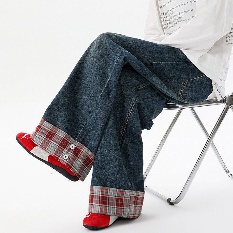 Retro Washed Plaid Cuffed Denim Wide Leg Long Pants For Men And Women | MuddyStock Originals MuddyStock