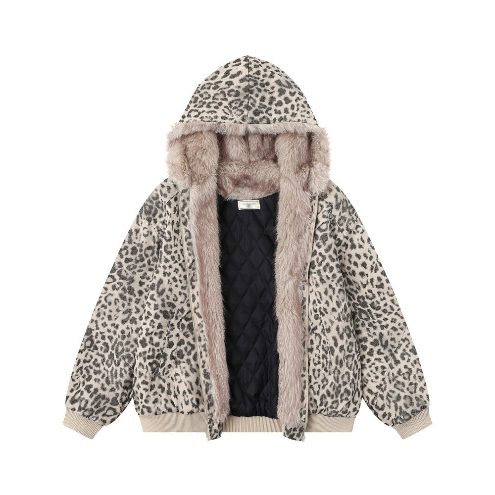 Wool collar hooded leopard print jacket for women | MuddyStock Originals