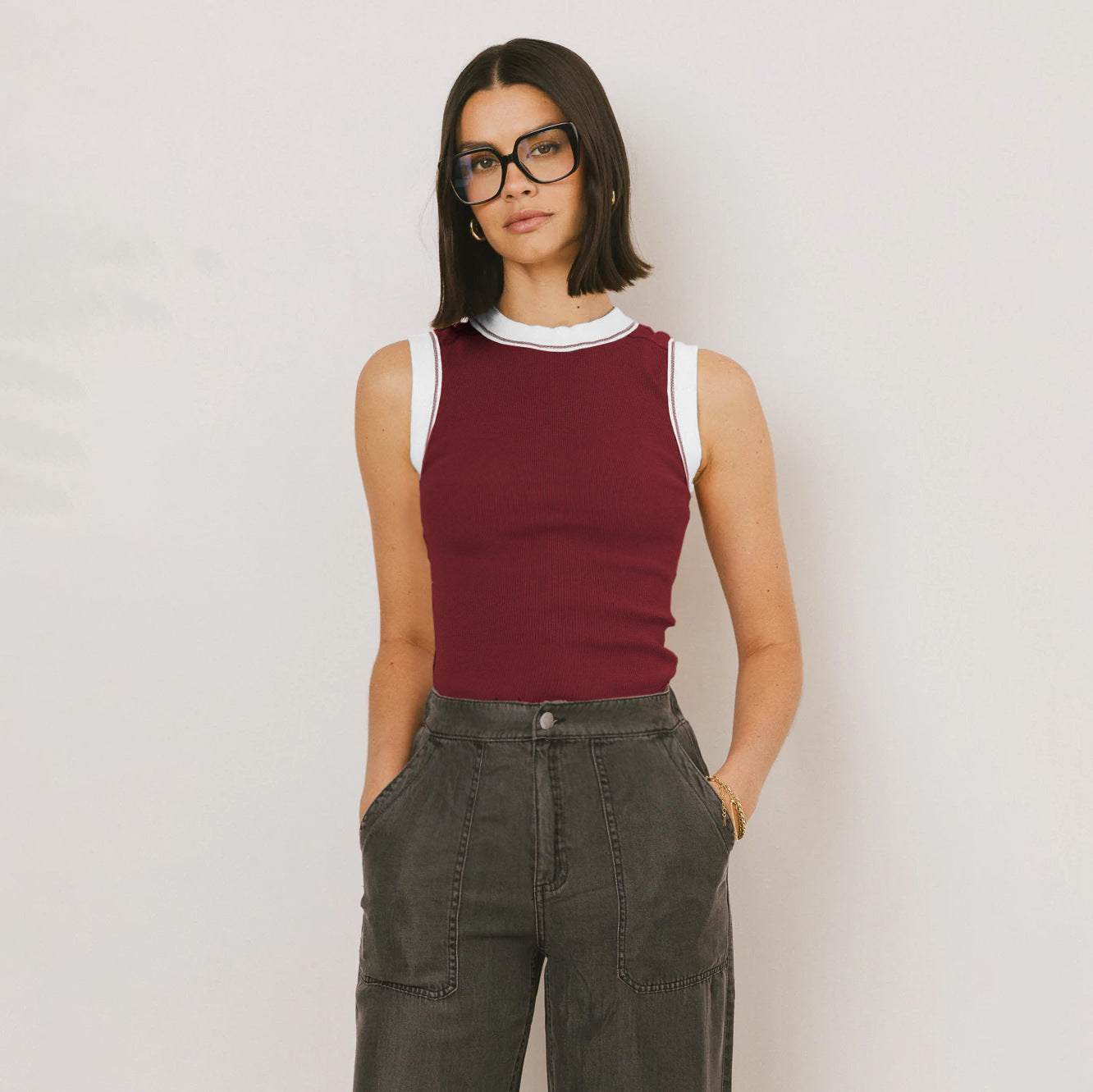 Crew Neck Sleeveless Tank Top For Women | MuddyStock Originals E25B1680-012#Wine Red MuddyStock