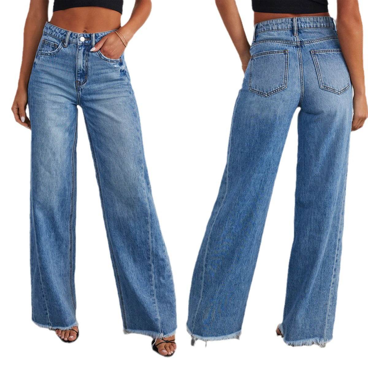 Loose wide leg side seam splicing, brushed hem denim jeans for women | MuddyStock Originals MuddyStock