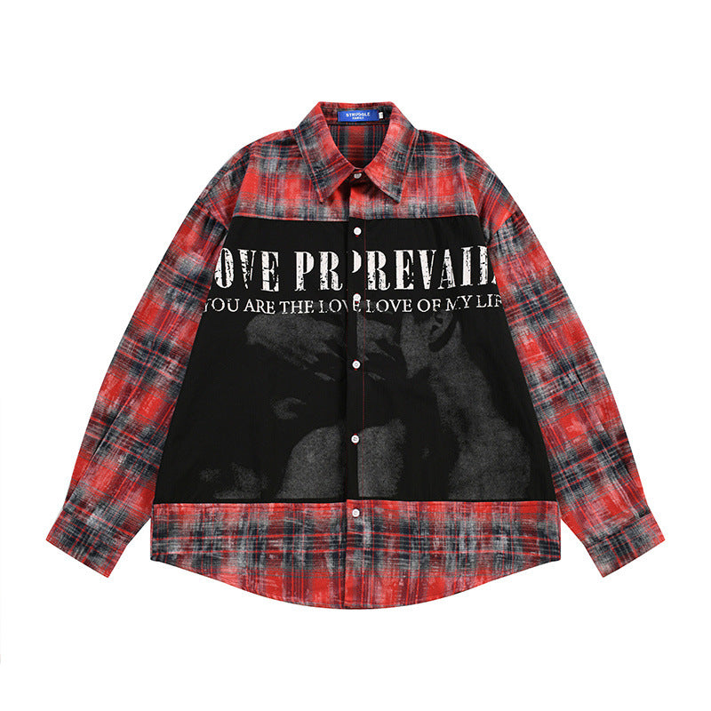 Retro Color-Block Plaid Patchwork Long Sleeve Shirt Red