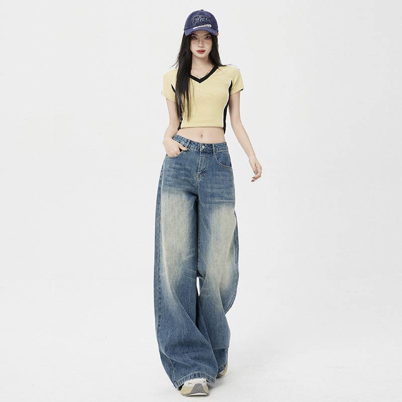 Women's Washed Vintage Blue Draped Loose High-Waist Wide-Leg Jeans | MuddyStock Originals MuddyStock