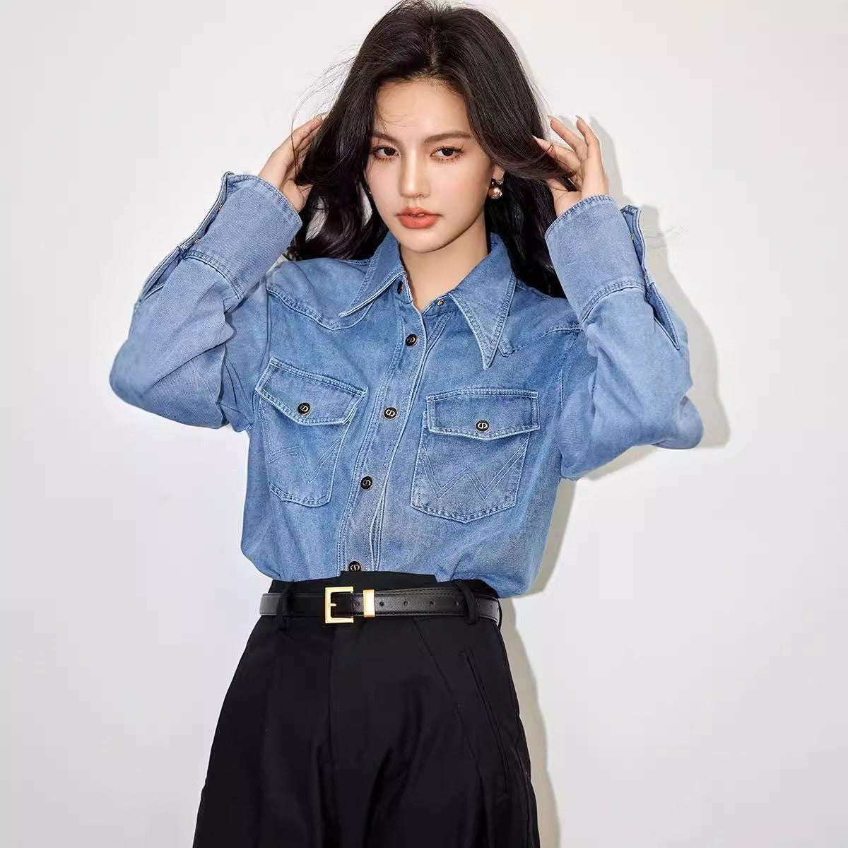Premium blue shirt washed denim casual loose patchwork | MuddyStock Originals MuddyStock
