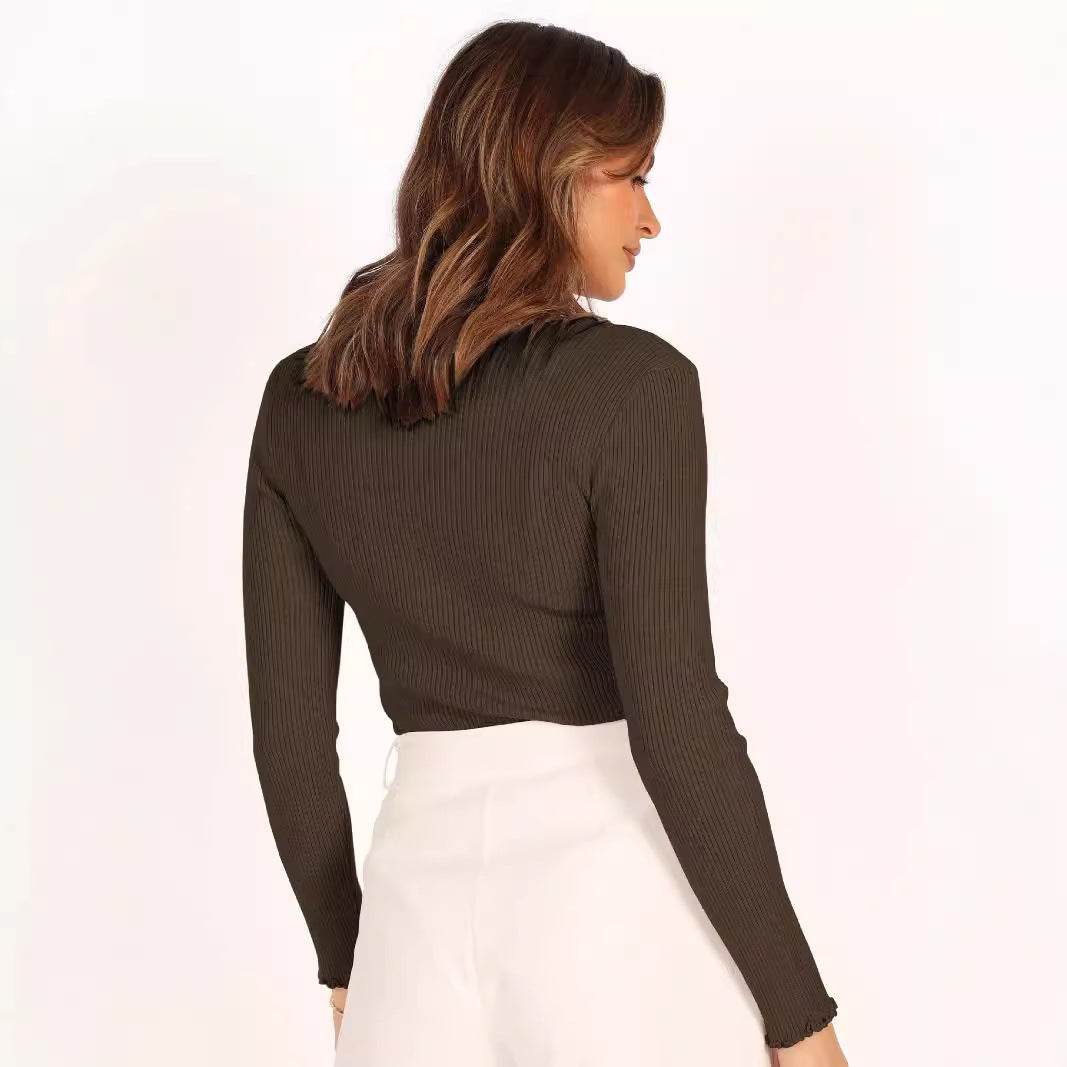 Round Neck Long Sleeve Slim Fit Shoulder Rib Women's Top MuddyStock