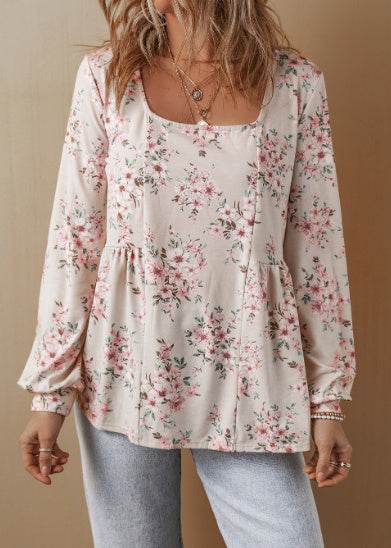 Floral Print Pleated U Neck Loose Fit Blouse MuddyStock