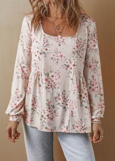 Floral Print Pleated U Neck Loose Fit Blouse