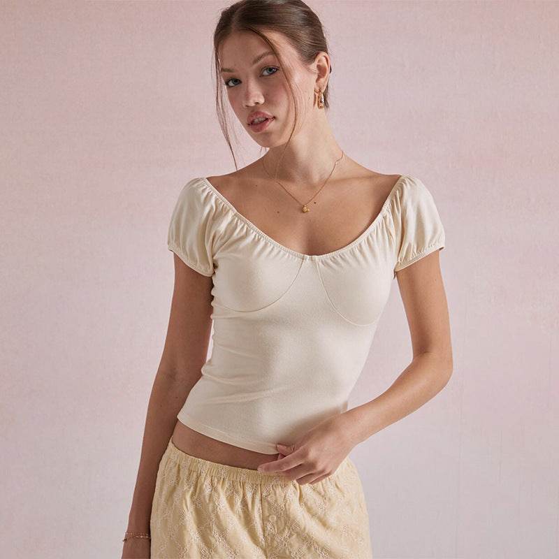 Short Sleeve V-neck Simplicity Backless Casual Top T-shirt Apricot MuddyStock