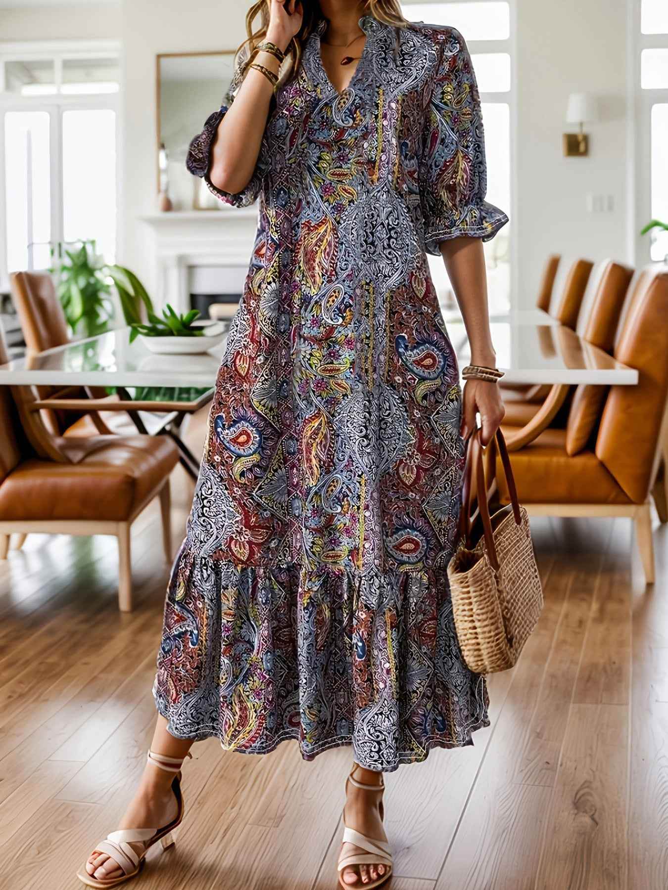 Women's Clothing Printed V-neck Plus Size Dress Red MuddyStock