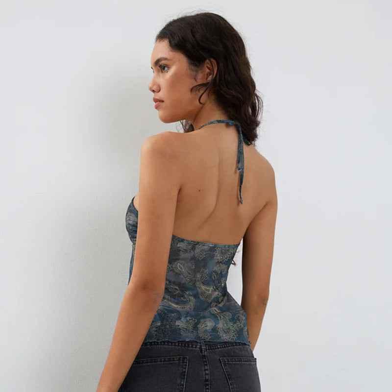Classic Style Temperament Mesh Floral Print Halter Top For Women